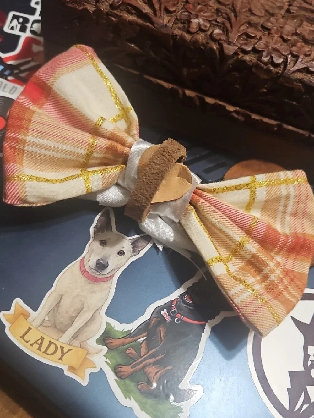 Hand Crafted Pet Collar Bow Tie Accent Vintage Metal Button NEW